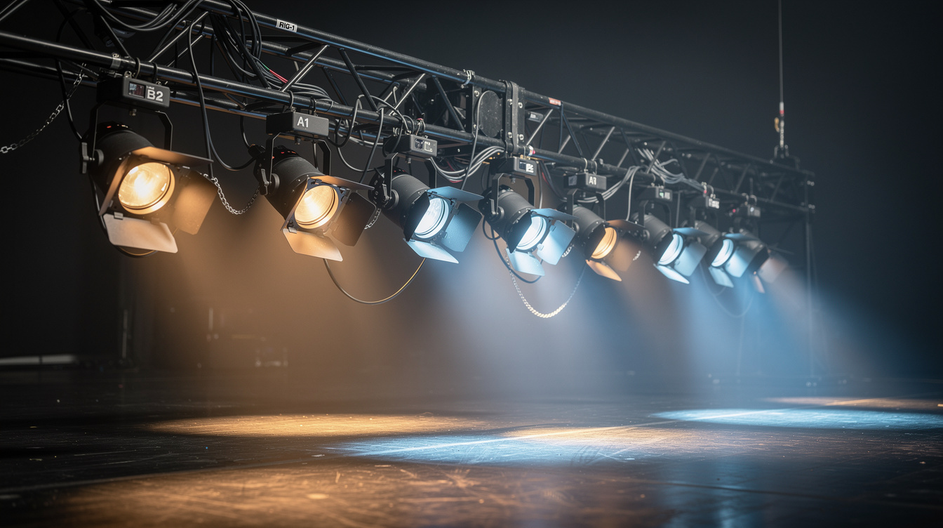 Stage lighting rig with warm and cool wash cues