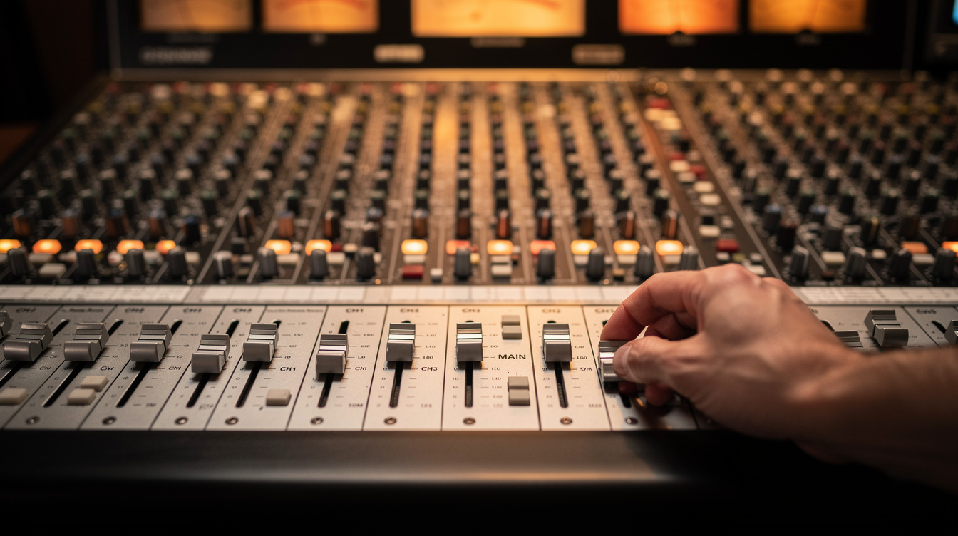 Audio mixing console with faders during a live broadcast