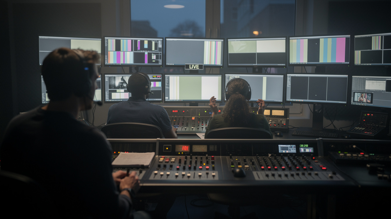 Broadcast gallery with lighting and vision monitors during a live show