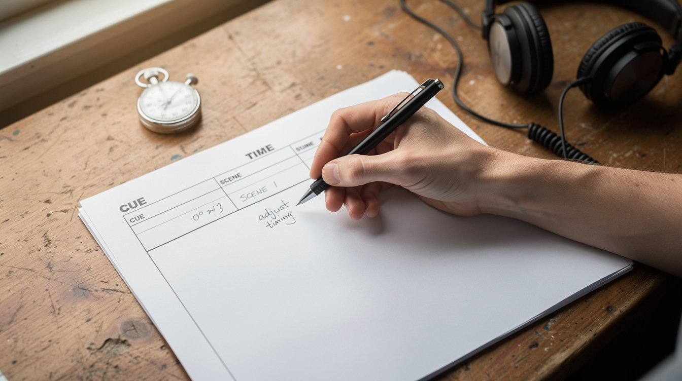Hand writing notes on a printed cue sheet at a desk