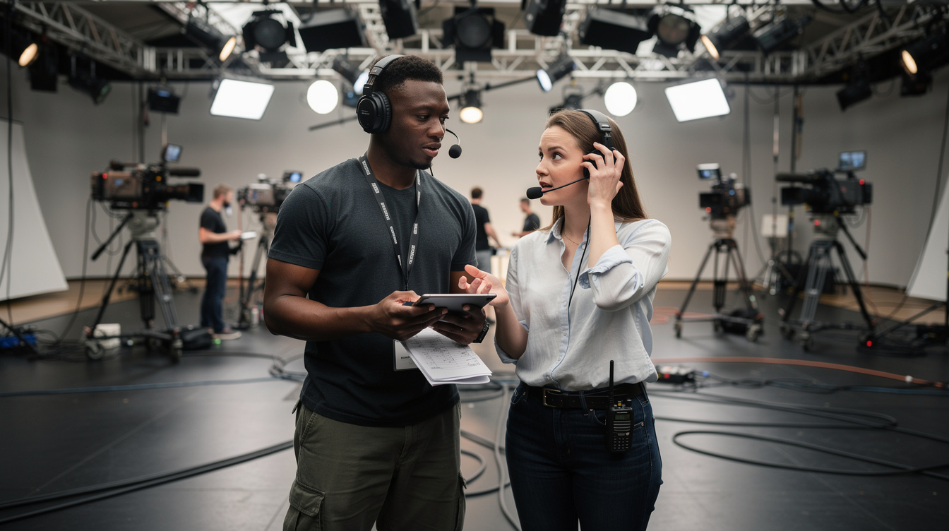 Crew members coordinating cues on a studio floor with headsets