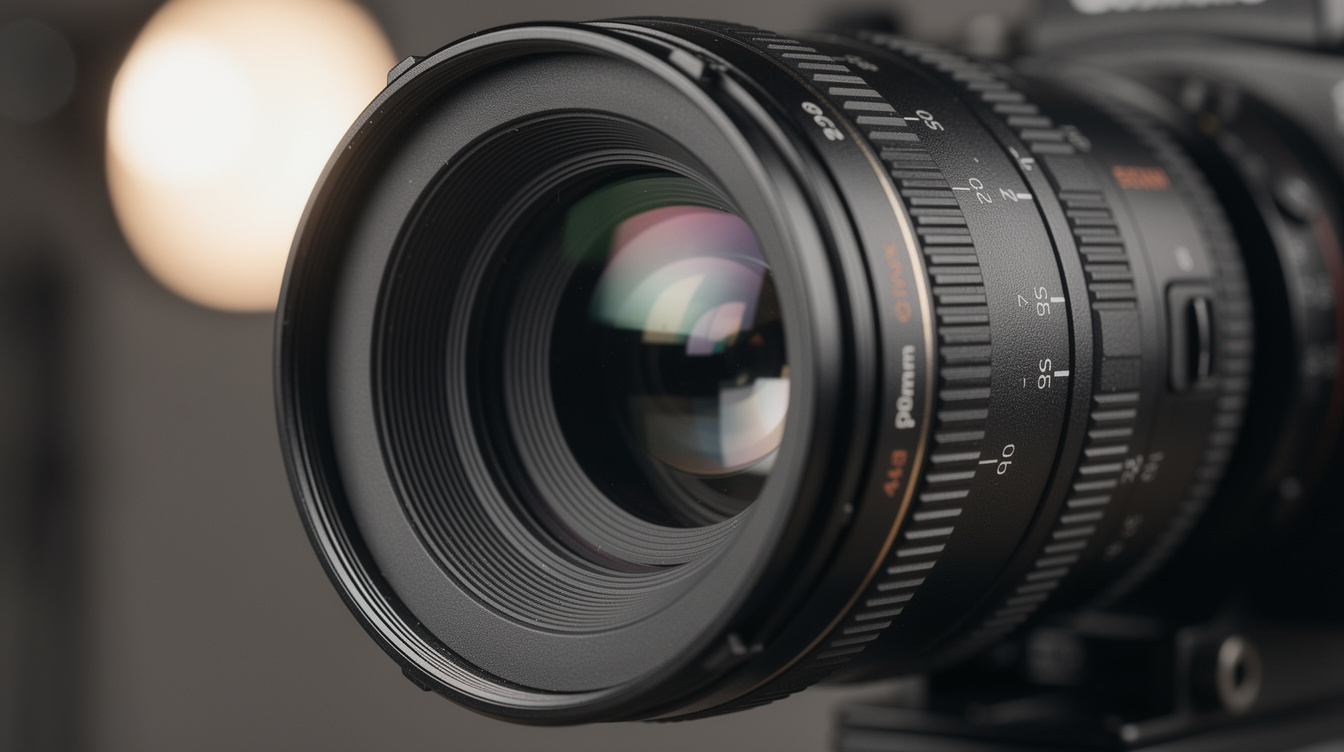 Close-up of a broadcast camera lens on a studio set