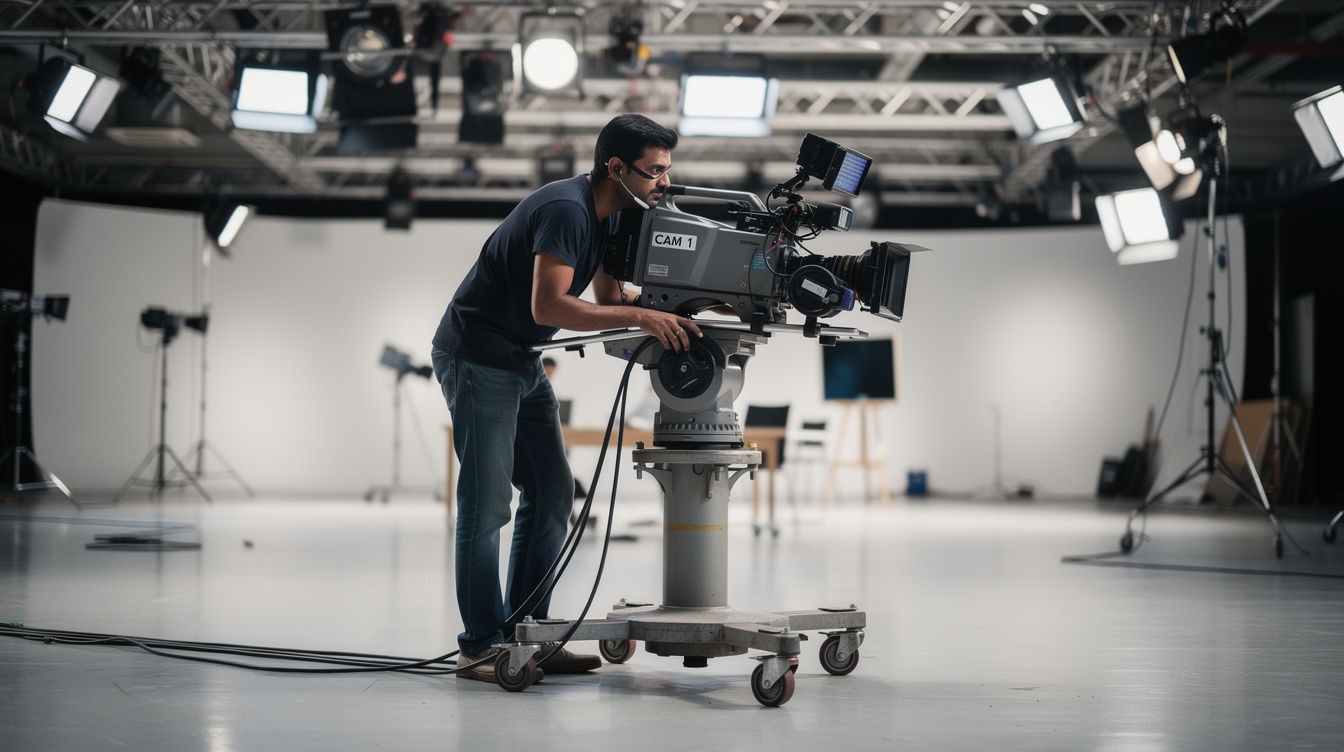 Broadcast camera operator framing a shot on a studio floor