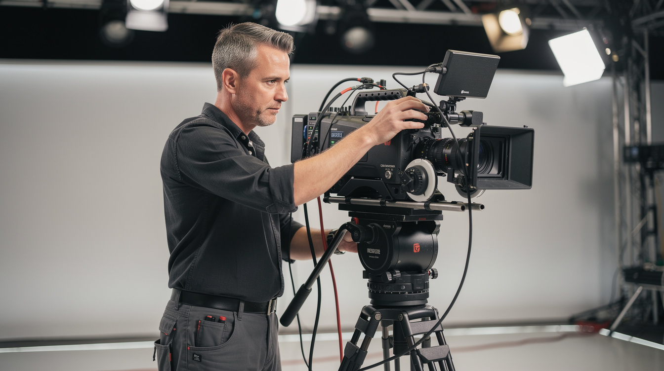 Camera operator adjusting a studio camera before a live broadcast